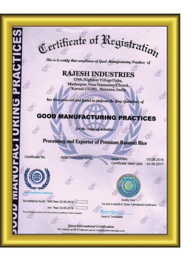 Good Manufacturing Practices certificate of registration