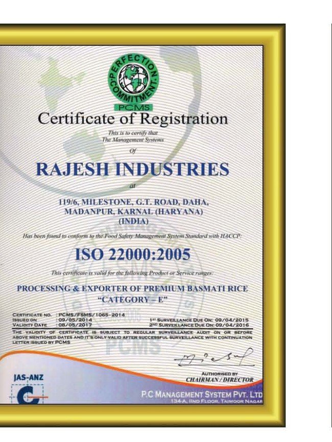 ISO 22000:2005 certificate of registration